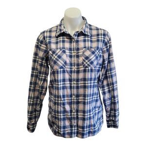 L.L. Bean Plaid Button Front Shirt Womens Blue Pink Cotton Casual Cozy Outdoor M